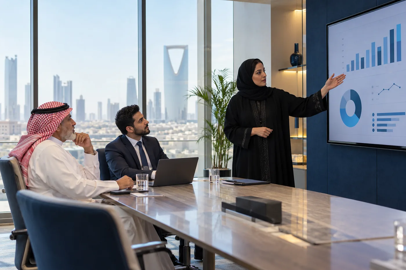 An executive presenting a dashboard in a Riyadh meeting room