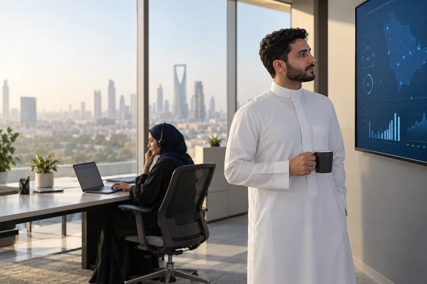 An operations engineer checking a live status display in a Riyadh office in the morning