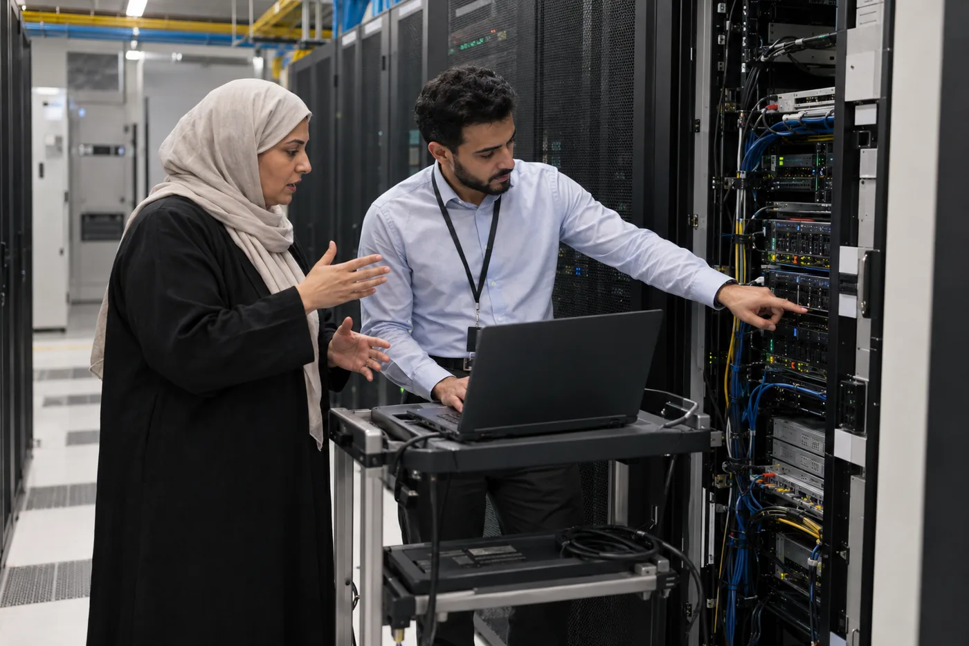 A security consultant reviewing a server rack with a client IT manager