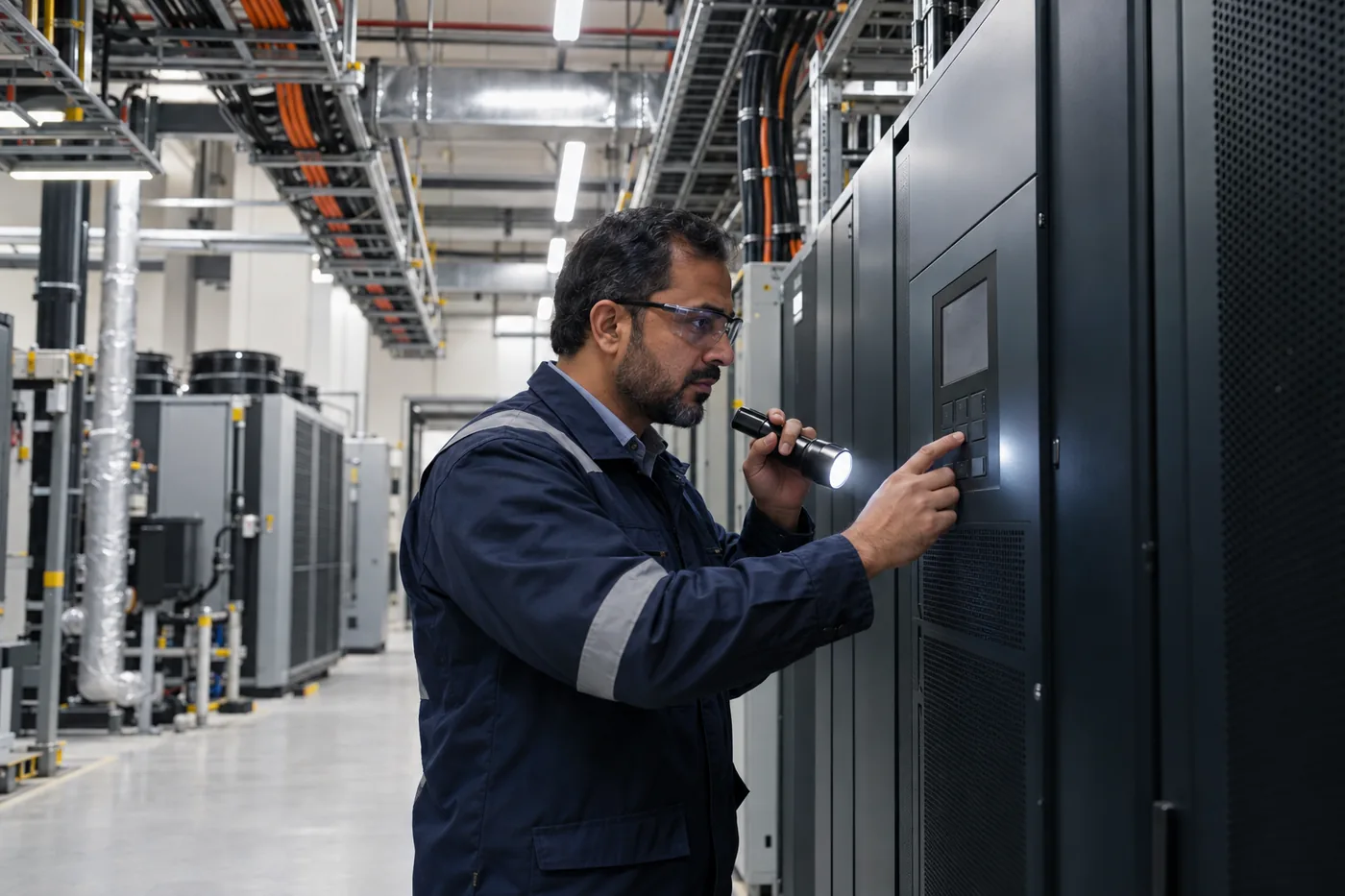 A facilities engineer checking a UPS panel in a data center power room