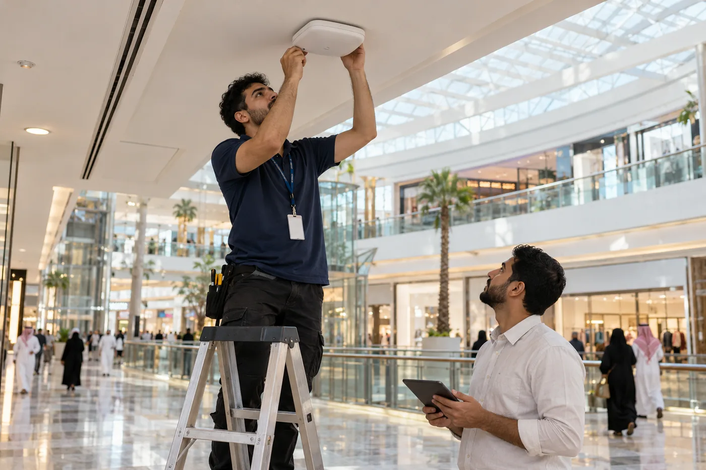 Network engineers installing a Wi-Fi access point in a shopping mall