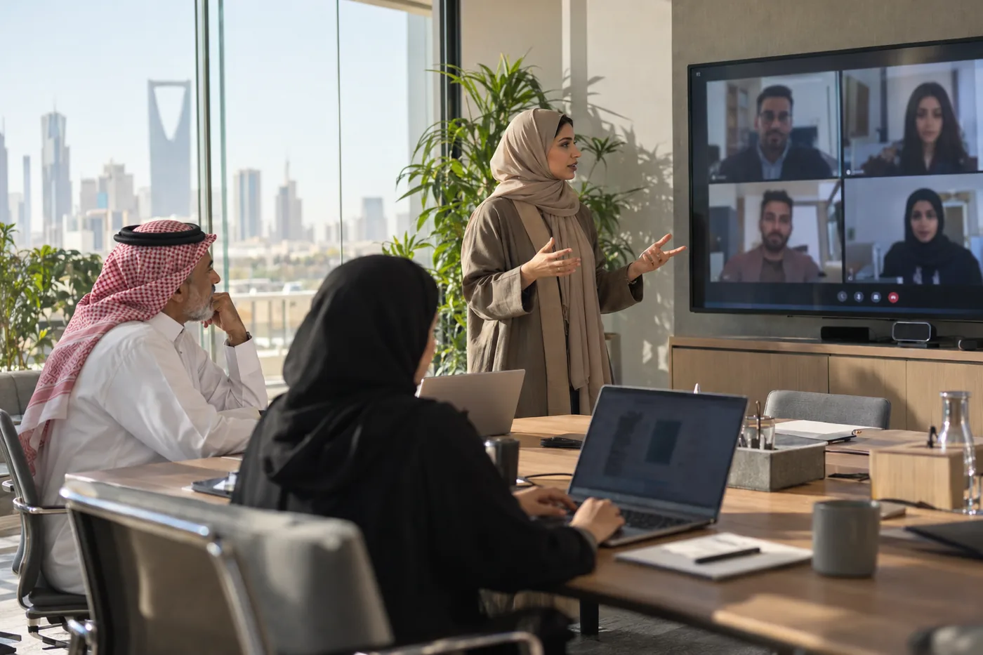 A hybrid meeting led from a Riyadh office with remote colleagues on screen